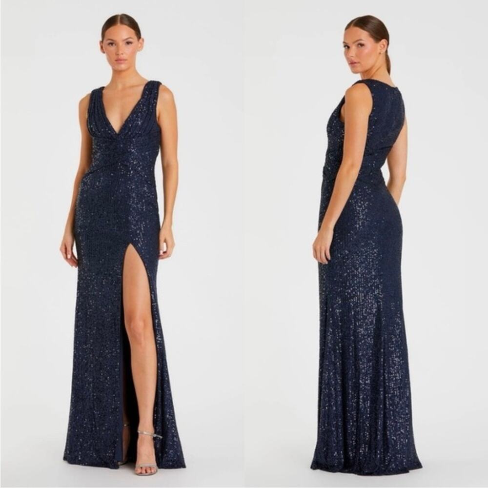 Mac Duggal 26598 Navy Blue V-Neck Sequin Wrap Waist Sleeveless Gown Dress Size 8